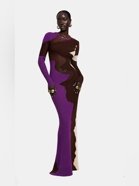 Hanifa Purple, Brown & Cream Sculptural Ribbed Maxi Dress NEW